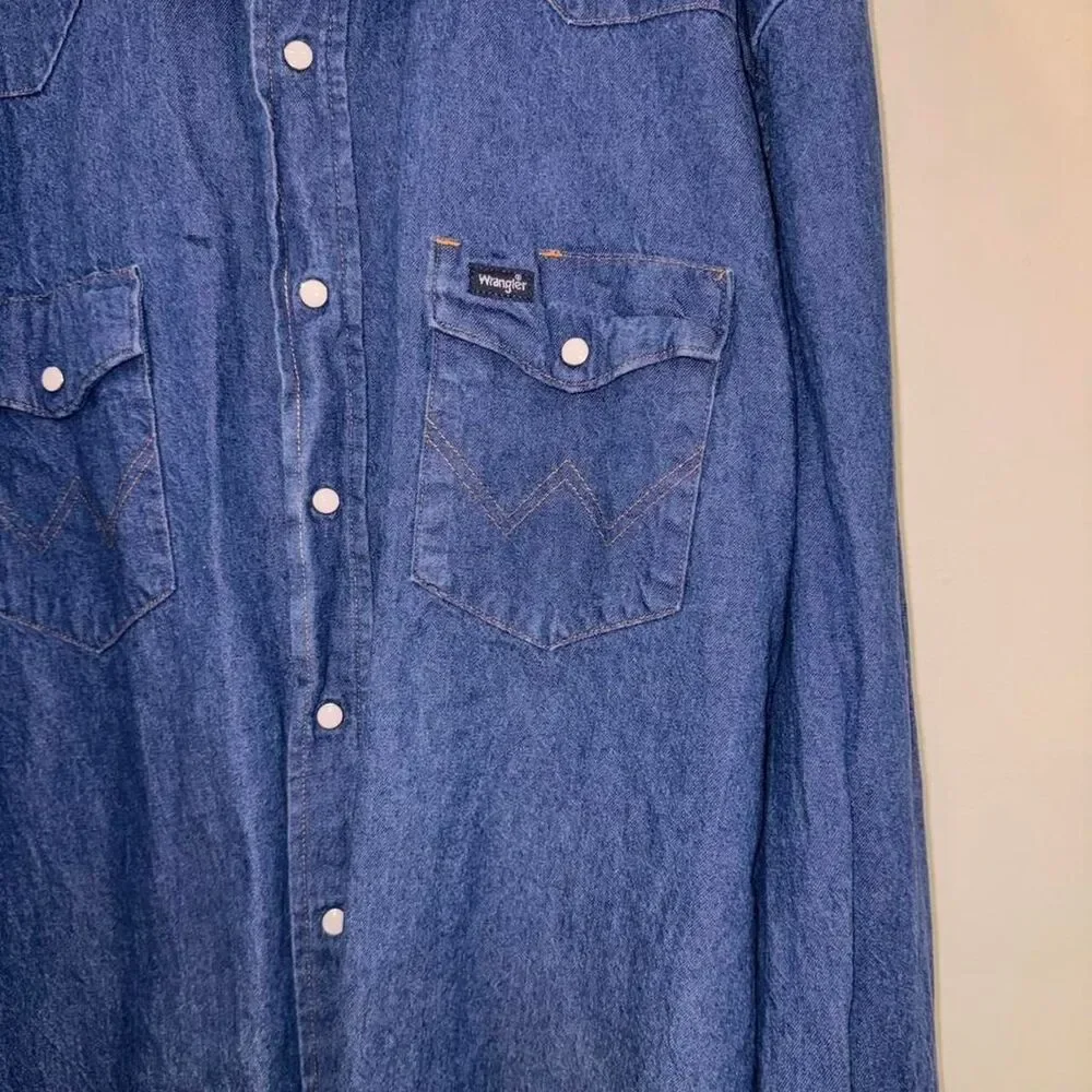 Wrangler Men's Blue Demin Jean Shirt XL Pearl Snap Vintage Cowboycore Western - Picture 3 of 8